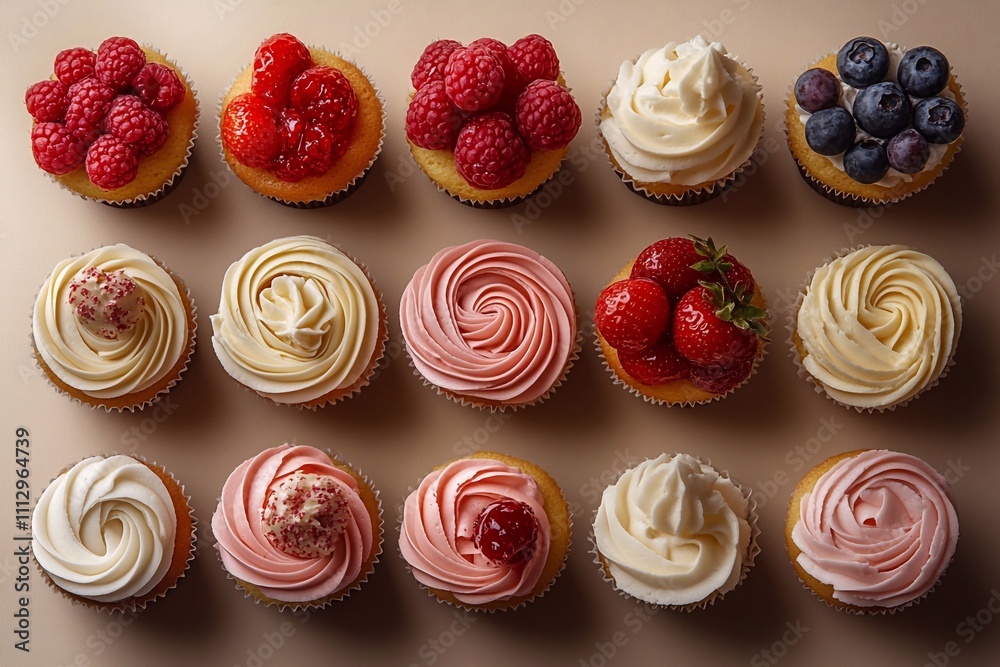 Cupcakes in different textures: Display cupcakes with different textures, such as smooth cream, crunchy nuts or soft fruit. Take a series of photos that focus on each texture.
Cupcakes in different textures: Display cupcakes with different textures, such as smooth cream, crunchy nuts or soft fruit. Take a series of photos that focus on each texture.
