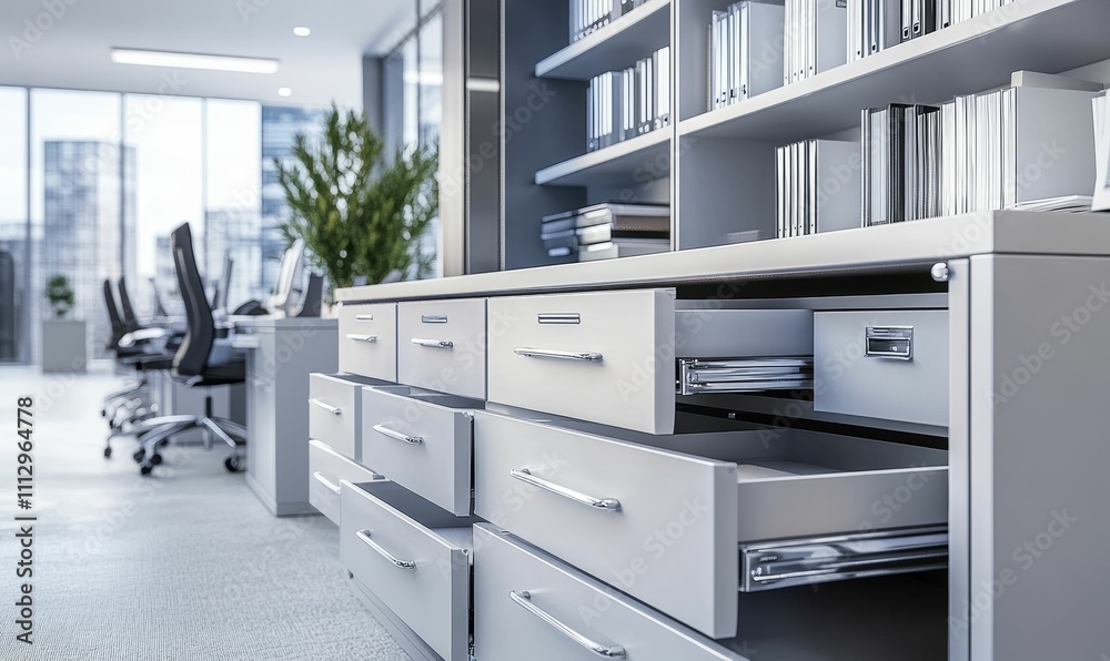 Modern office; open file cabinet drawers. Modern office; open file cabinet drawers.
