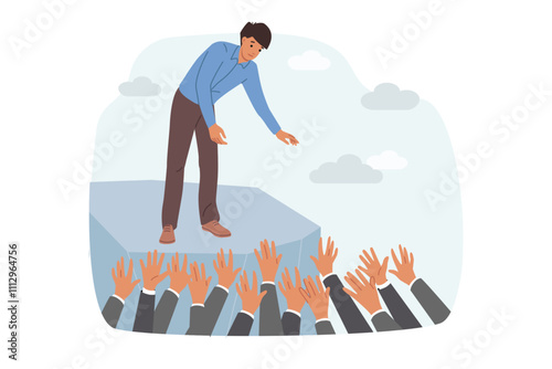 Business man saves colleagues who have fallen down and are raising hands up asking for help. Businessman demonstrates compassion, saves employees who are victims of financial crisis and layoffs