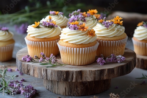 Cupcakes with intricate decorations: A batch of freshly baked cupcakes, each decorated with delicate frosting and edible flowers. The cupcakes are arranged on a rustic wooden tray, perfect for a speci photo