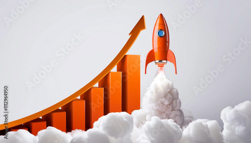 Orange rocket launching  white clouds on white background. photo