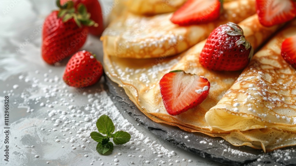 Artful crepes brimming with whipped ricotta, served with ripe strawberries on a luxurious marble countertop Artful crepes brimming with whipped ricotta, served with ripe strawberries on a luxurious marble countertop