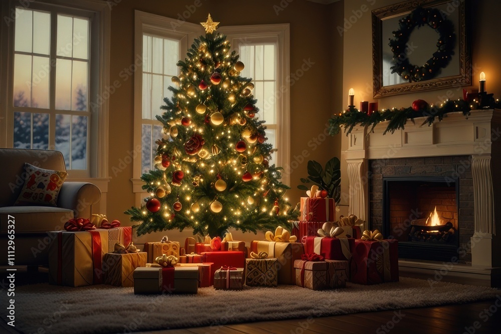Christmas tree new year interior pine with gift decoration decor balls garlands Christmas tree new year interior pine with gift decoration decor balls garlands