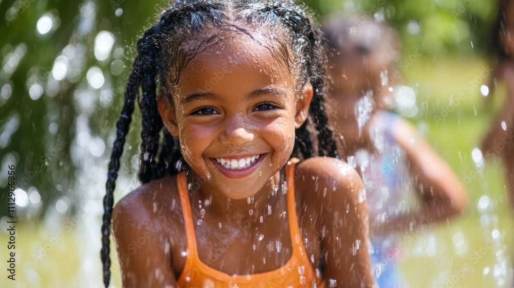 Obraz premium A joyful young girl with braided hair plays in a refreshing outdoor fountain, enjoying a sunny day and the fun of splashing water with friends nearby.