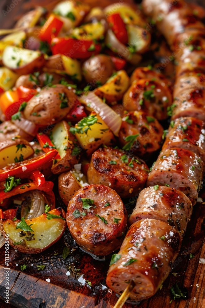 A wooden cutting board filled with sausage, vegetables, and other ingredients, perfect for cooking or serving at a outdoor picnic A wooden cutting board filled with sausage, vegetables, and other ingredients, perfect for cooking or serving at a outdoor picnic