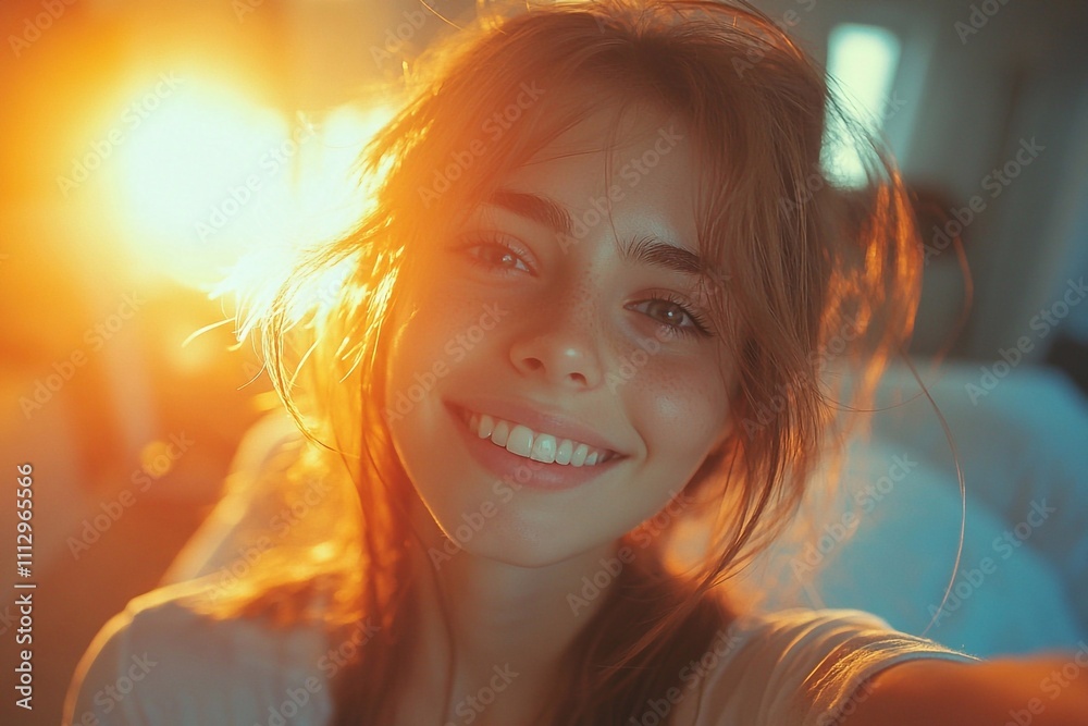 Teenager taking a selfie: A teenager smiling and holding a smartphone to take a selfie in a brightly lit room, with the camera's glow reflecting on their face. The scene emphasizes the personal nature Teenager taking a selfie: A teenager smiling and holding a smartphone to take a selfie in a brightly lit room, with the camera's glow reflecting on their face. The scene emphasizes the personal nature