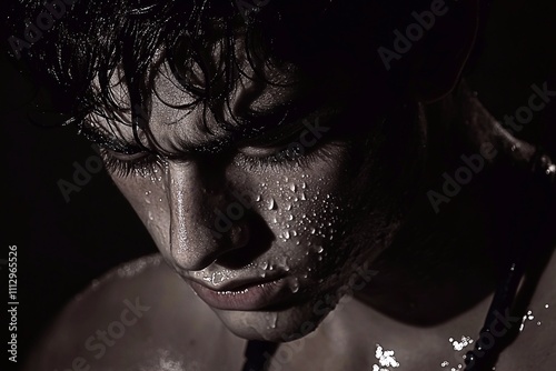 Teenager looking down, tears streaming: A teenage boy or girl sitting alone, head down, with tears flowing silently down their cheeks, captured in a moment of deep emotional pain and solitude, conveyi photo