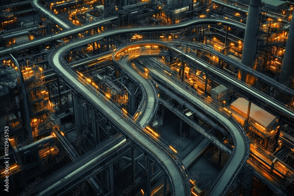 Elevated view of illuminated industrial complex, intricate network of pipes Elevated view of illuminated industrial complex, intricate network of pipes