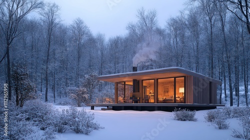  Cozy wooden cabin in a snowy forest, with smoke curling from the chimney and warm light glowing through the windows.