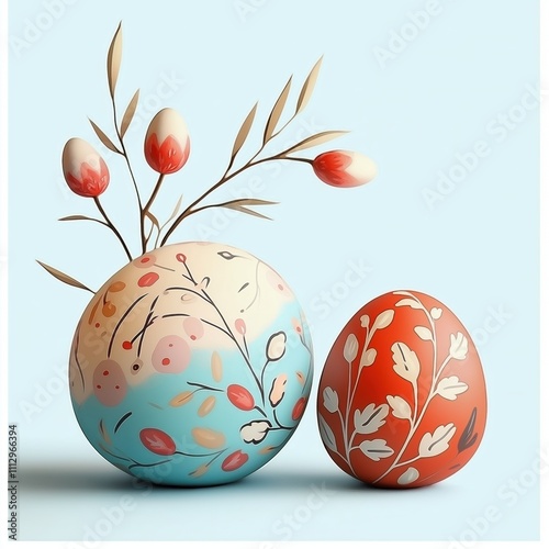 Colorful decorated Easter eggs in spring design. Decorative painted eggs with floral patterns. Light pastel colors. Springtime visual for Easter. Art deco style. Ideal for Easter greeting cards photo