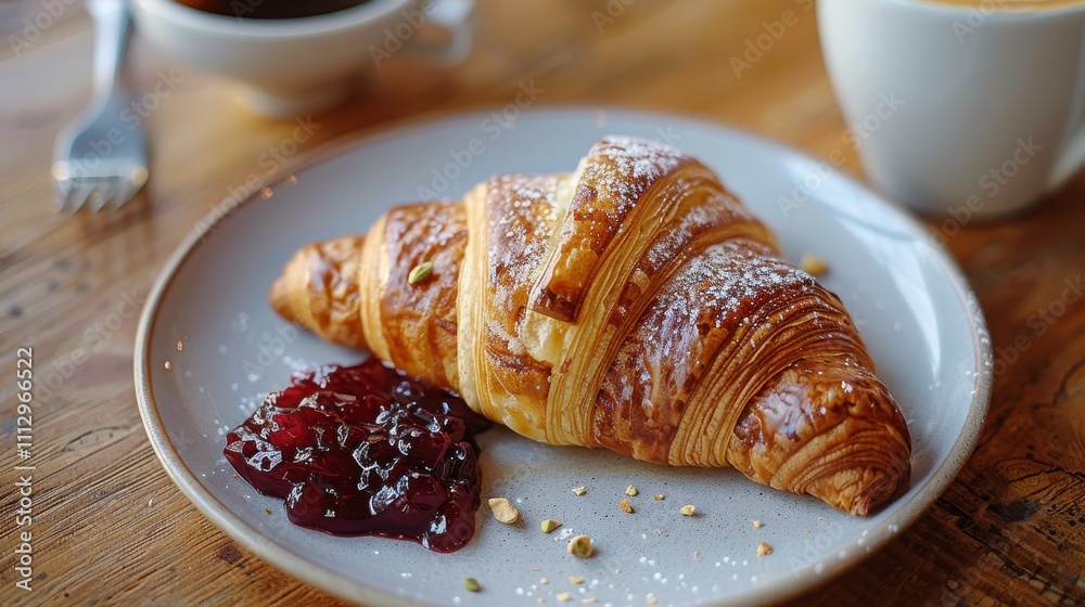 Buttery croissant with boysenberry preserves and a latte Buttery croissant with boysenberry preserves and a latte