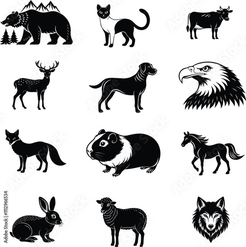 Animal silhouette collection. Set of black animal silhouette. Animal icons. Mammal, fish, insects, birds, reptiles silhouette collection. Wild, domestic animals icons on white.EPS 10