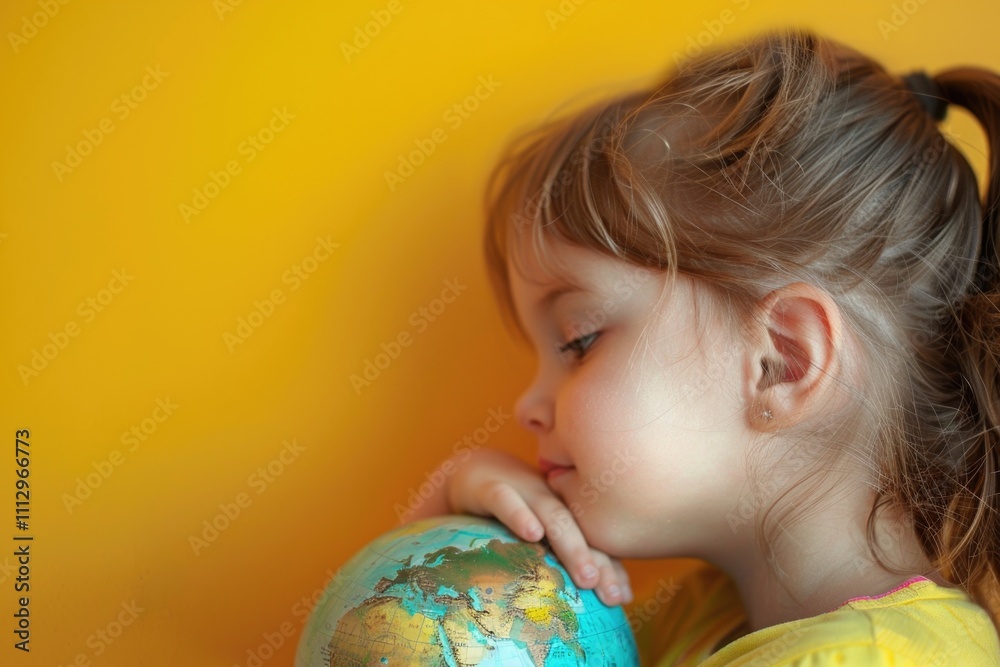 A young child holding a small globe, suitable for educational or cultural purposes A young child holding a small globe, suitable for educational or cultural purposes