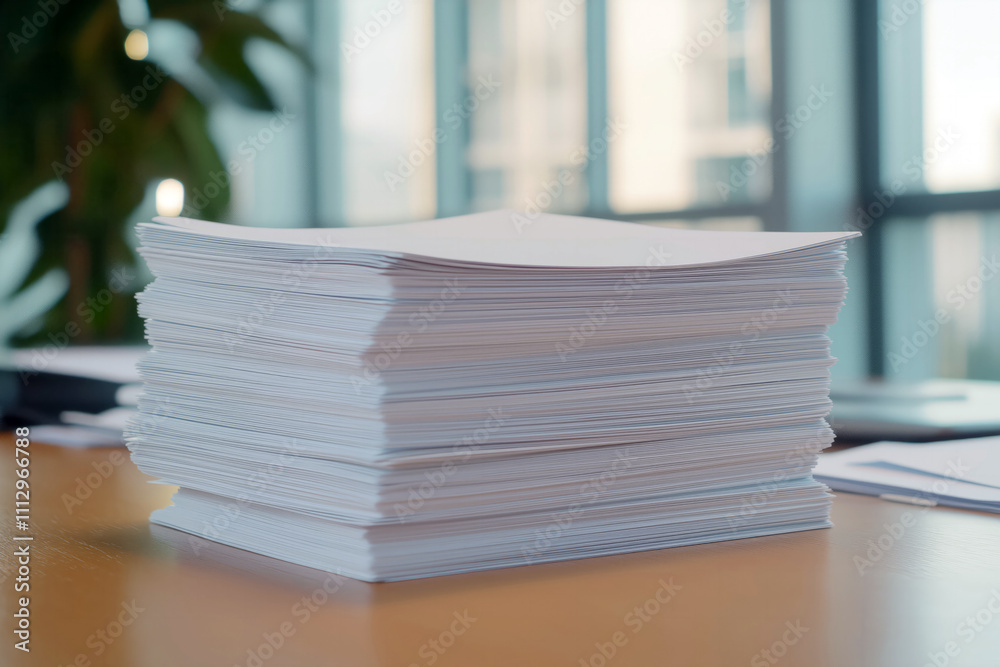 Organized stack of papers with a pen on a desk in a modern, well-lit office with greenery in the background.. Organized stack of papers with a pen on a desk in a modern, well-lit office with greenery in the background..