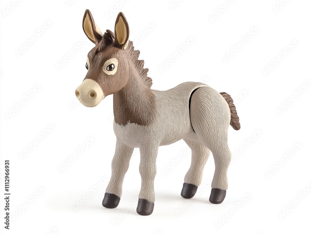 Fototapeta premium Toy donkey isolated on white background. Animal figurine for kids. Playful farm animal. Cute farm toy. Educational toy for children. Imaginative play item. Perfect for gift collection. Great for kids