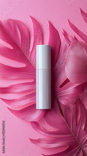 The white skincare tube is placed on the front of a pink monstera leaf, against a light pink background. The soft lighting highlights its texture and shape. It was photographed from an overhead perspe photo