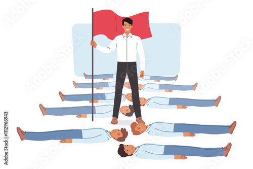 Businessman crushed competitors and holds red flag standing over exposed bodies of colleagues. Businessman achieved career success thanks to ambition or willingness to go above and beyond