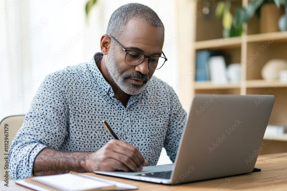 A person sitting at a desk with a laptop and taking notes or doing work A person sitting at a desk with a laptop and taking notes or doing work