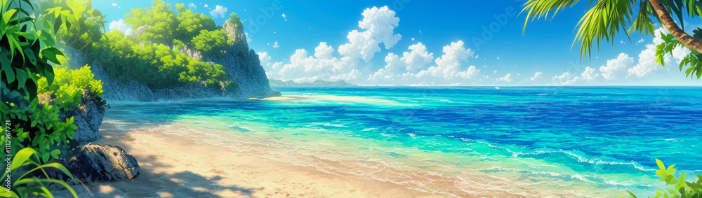 Obraz premium Stunning anime beach with vibrant water and lush greenery under a clear sky. Generative AI