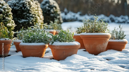  Snow-covered potted plants in terracotta pots set in a serene winter garden, blending greenery with icy elegance.