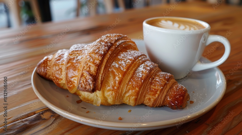 Buttery croissant with boysenberry preserves and a latte Buttery croissant with boysenberry preserves and a latte