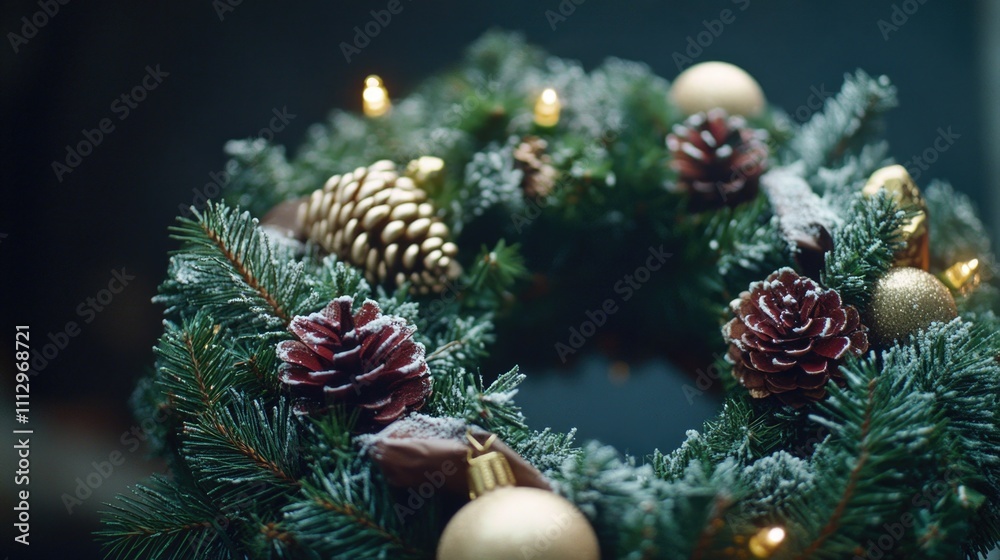 A festive Christmas decoration made with pine cones, ornaments, and other seasonal elements