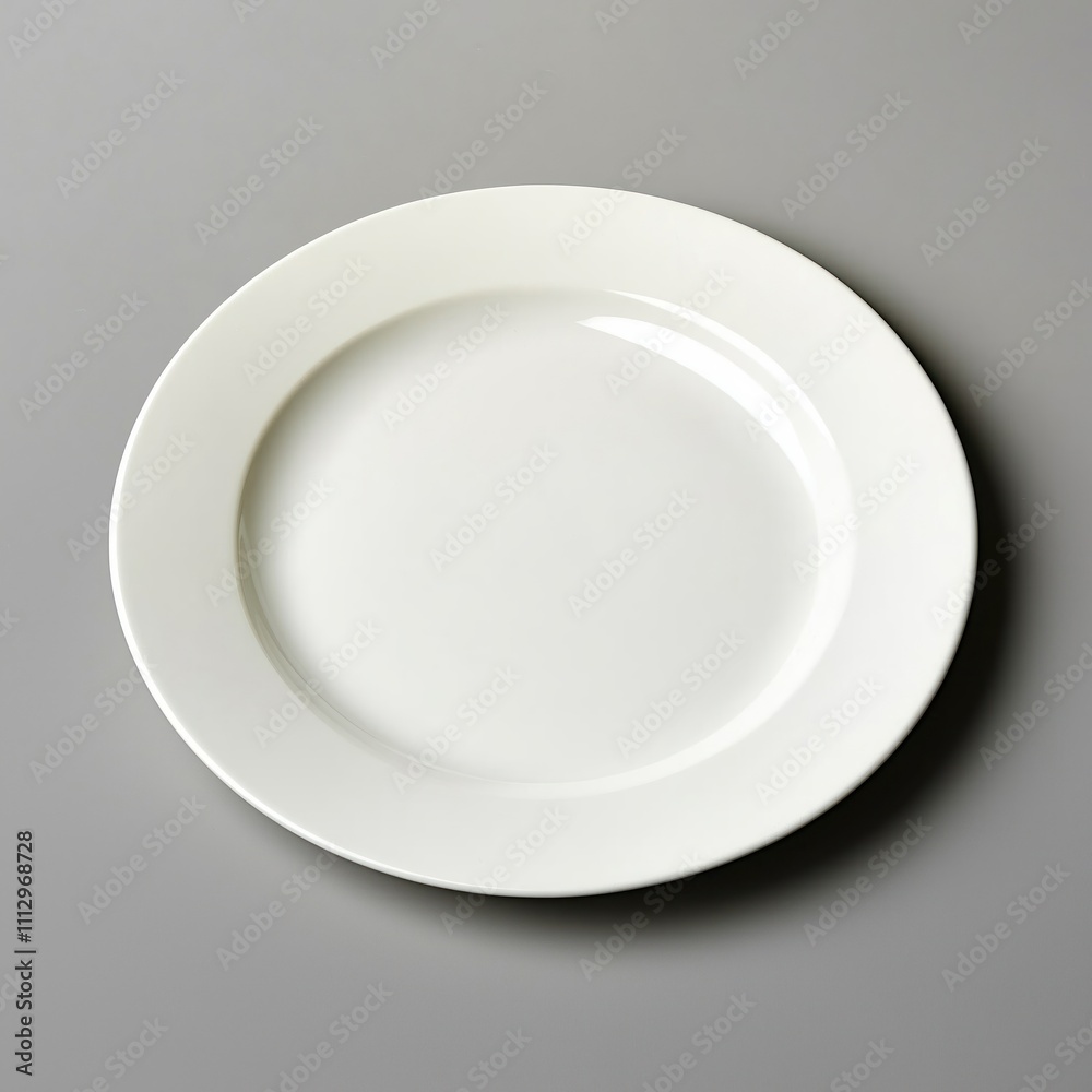 Empty white plate on gray background. Clean, simple dishware. Ready for food. Modern design. Restaurant setting. Empty plate for food. Versatile image for food blogging. Studio shot. Suitable for