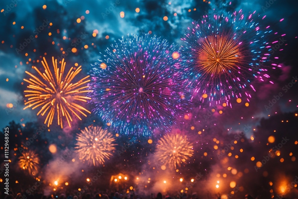 Fototapeta premium Colorful fireworks: Take photos of people enjoying fireworks at a festive event. Turn on the bright flashes of fireworks against the background of the night to emphasize the atmosphere of the holiday.