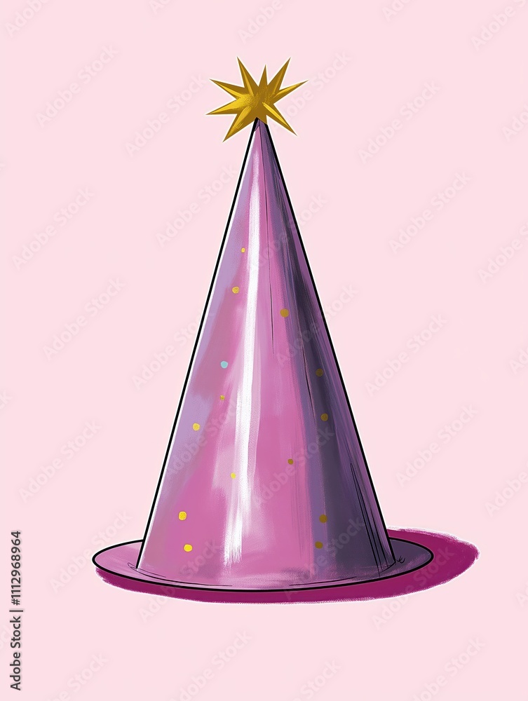 Fototapeta premium Isolated party hat in vibrant purple. Shiny surface, golden star at top. Festive, celebratory. Perfect for birthday, celebration, special occasion. Simple graphic design, ideal for party supplies