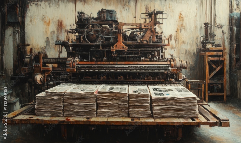 Aged printing press, stacks of papers, industrial setting. Aged printing press, stacks of papers, industrial setting.