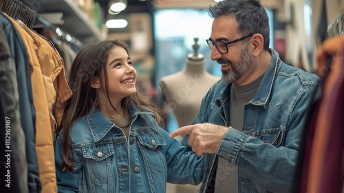 A father and his teenage daughter stand in a casual clothing section of a store, debating over a denim jacket sheâs holding. The father, wearing glasses and a warm smile, points to photo