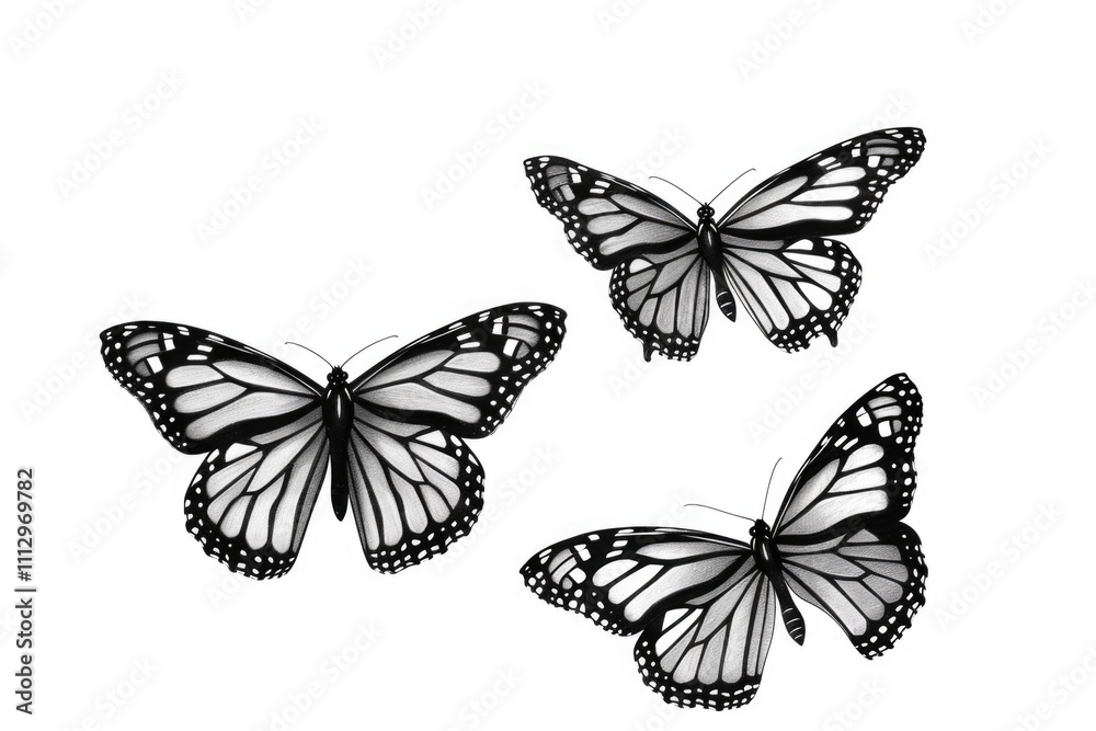 Three butterflies with black bodies and white wings sit on a pure white surface Three butterflies with black bodies and white wings sit on a pure white surface