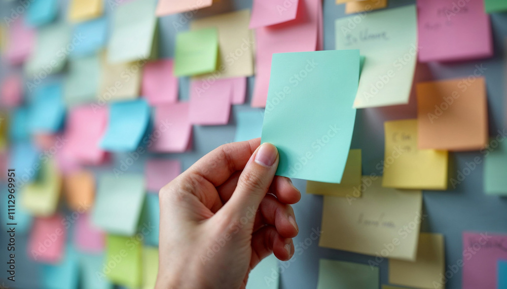A hand holding a colorful sticky note amidst a wall of organized reminders. A hand holding a colorful sticky note amidst a wall of organized reminders.