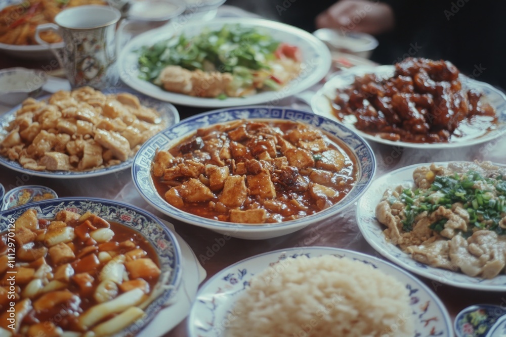 Obraz premium A table setting with multiple plates of food, each covered in various sauces
