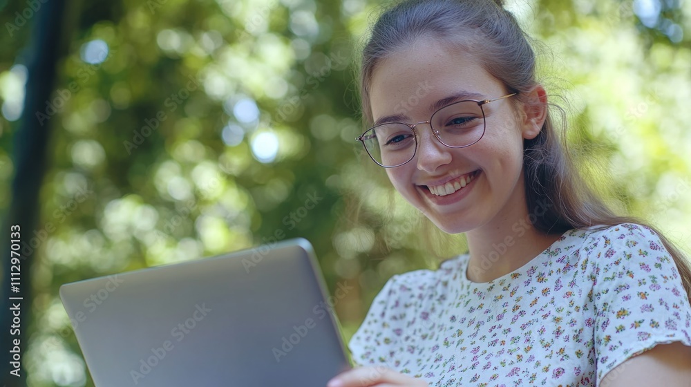 A young girl smiling as she works on her laptop A young girl smiling as she works on her laptop