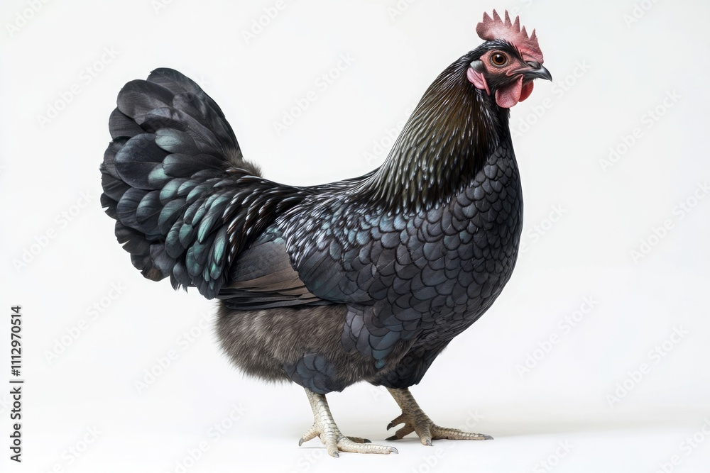 Fototapeta premium A black chicken with a bright pink comb stands on a clean white surface, ready for inspection