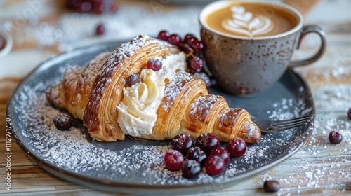 Buttery croissant with boysenberry preserves and a latte photo