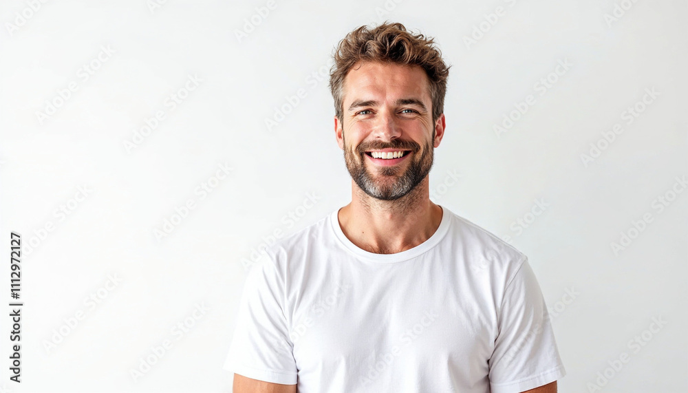 A friendly, bearded man in a white t-shirt smiles warmly against a white background. A friendly, bearded man in a white t-shirt smiles warmly against a white background.