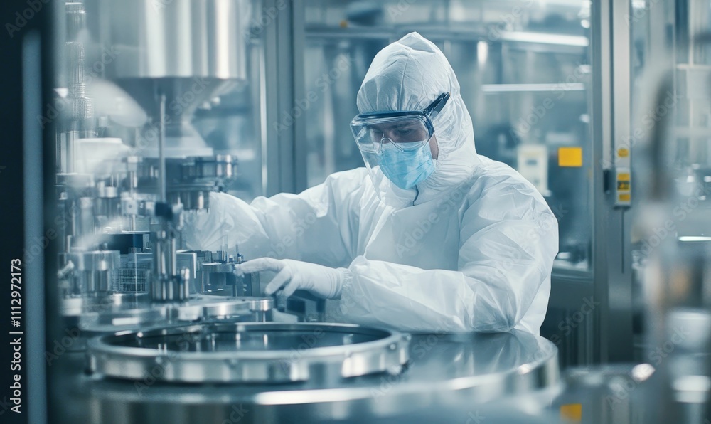 Factory worker in protective suit operates machinery. Factory worker in protective suit operates machinery.