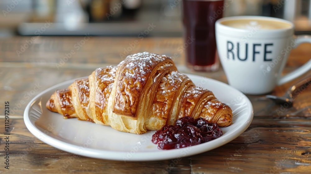 Buttery croissant with boysenberry preserves and a latte Buttery croissant with boysenberry preserves and a latte