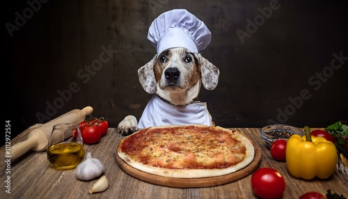 Un chien déguisé en chef cuisinier portant une toque blanche et préparant une pizza photo