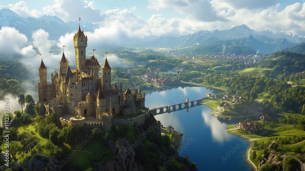 Naklejka premium A majestic medieval castle on a green hill, surrounded by a serene lake and vibrant landscapes.