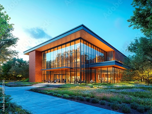 Modern architectural building with overhanging roof, large glass windows, brickwork facade, steps leading to transparent entrance, landscaped ground with lighting, and focus on architecture photo