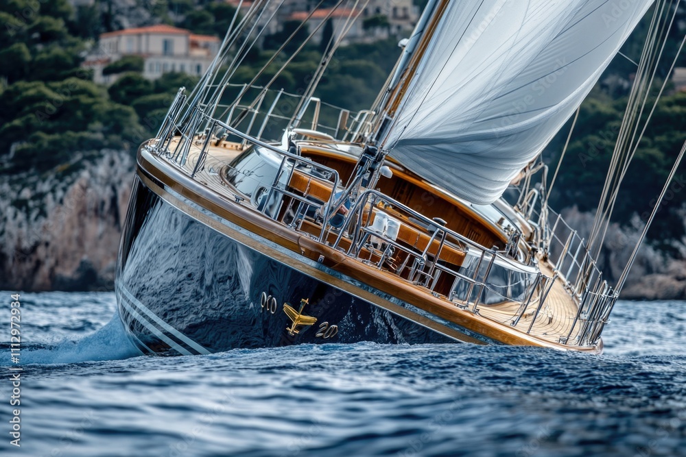 Obraz premium A sailboat with a white sail floating on calm waters, great for use in travel or outdoor adventure scenes