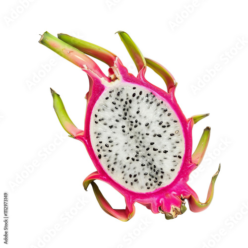 Vibrant pink and green dragon fruit cut in half, showcasing its unique white flesh and black seeds. photo