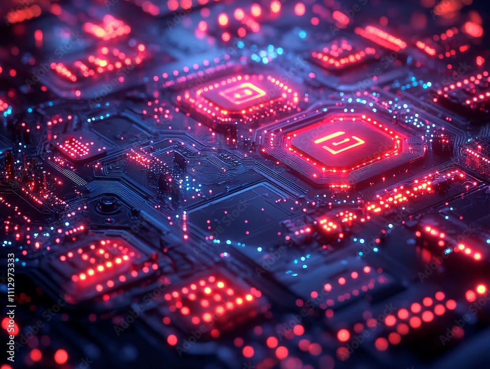 Close-up image of a printed circuit board PCB with various electronic components, red LEDs, blue resistors, and interconnected tracks, arranged in an orderly pattern Close-up image of a printed circuit board PCB with various electronic components, red LEDs, blue resistors, and interconnected tracks, arranged in an orderly pattern