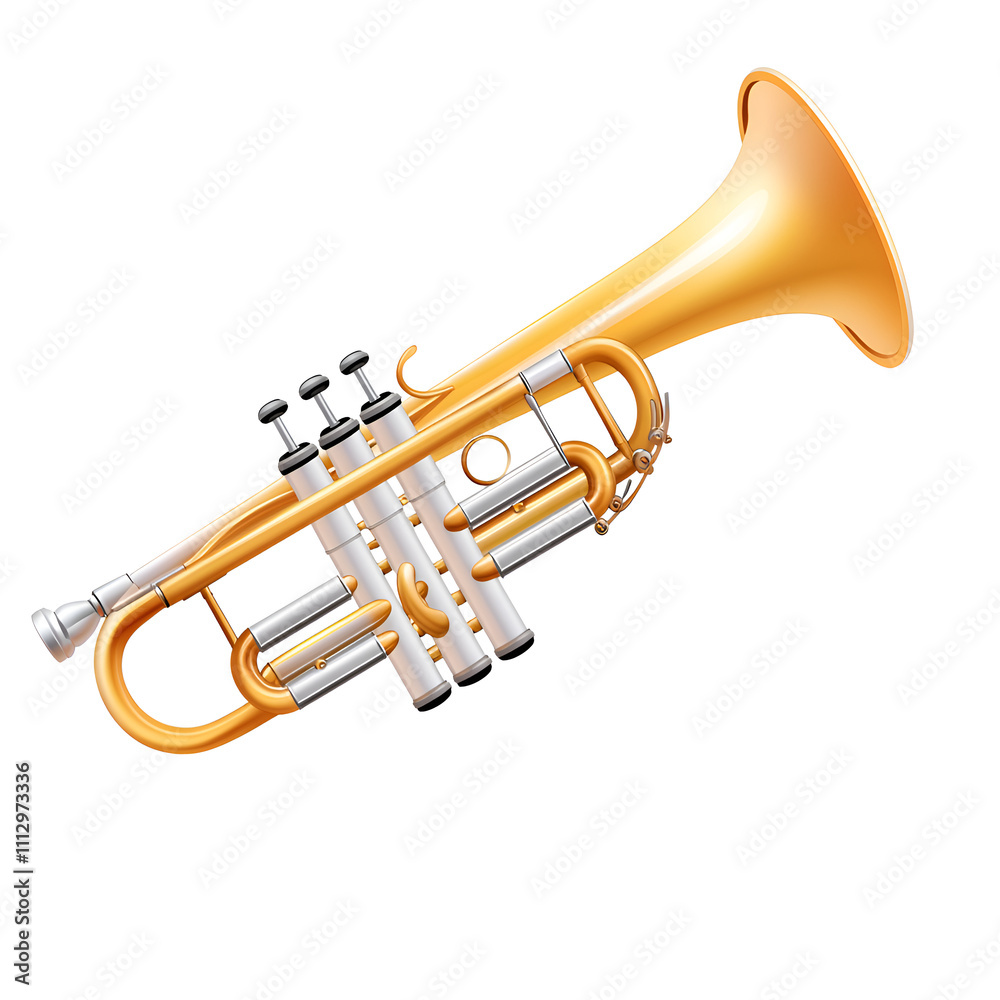 Fototapeta premium Brightly polished trumpet with silver accents in a simple and clean design on a white background