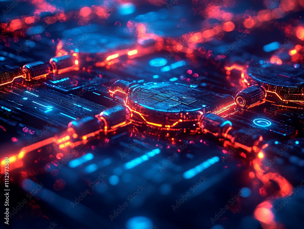 An artistic circuit board with glowing red and blue lights, a central yellow circle possibly representing a processing unit or chip, surrounded by smaller illuminated regions The design conveys conc An artistic circuit board with glowing red and blue lights, a central yellow circle possibly representing a processing unit or chip, surrounded by smaller illuminated regions The design conveys conc