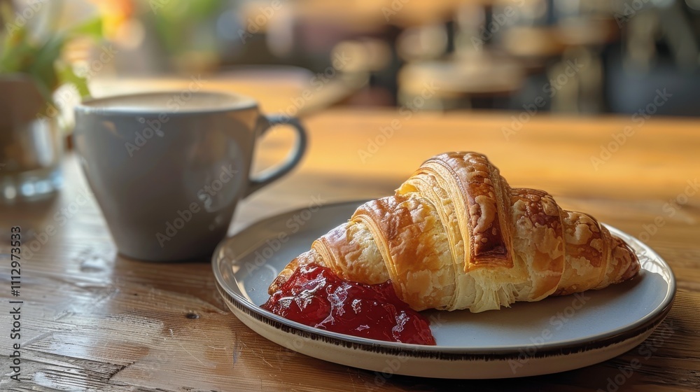 Buttery croissant with boysenberry preserves and a latte Buttery croissant with boysenberry preserves and a latte