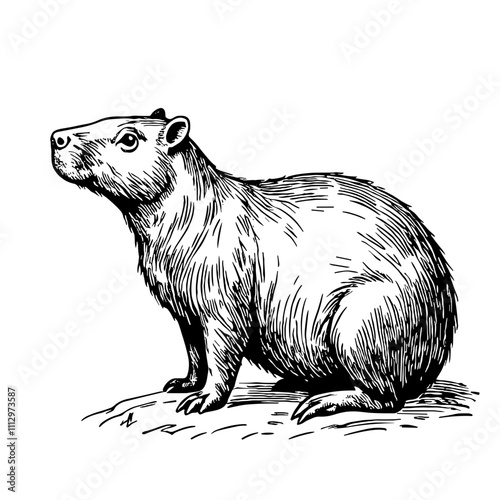 Hand-drawn capybara in black and white illustration